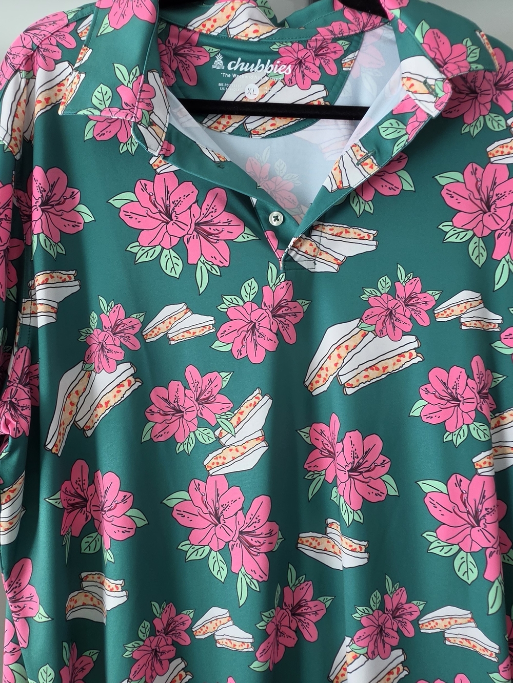 chubbies Green Button-Down Golf Polo with Pink Floral Print